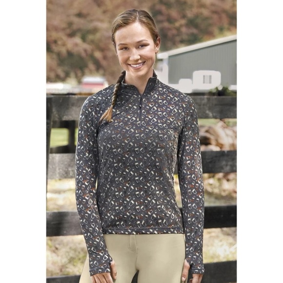 Dover Saddlery Ladies' Cascade Tech Print Quarter-Zip Top Tossed Stirrups XL - Picture 1 of 8